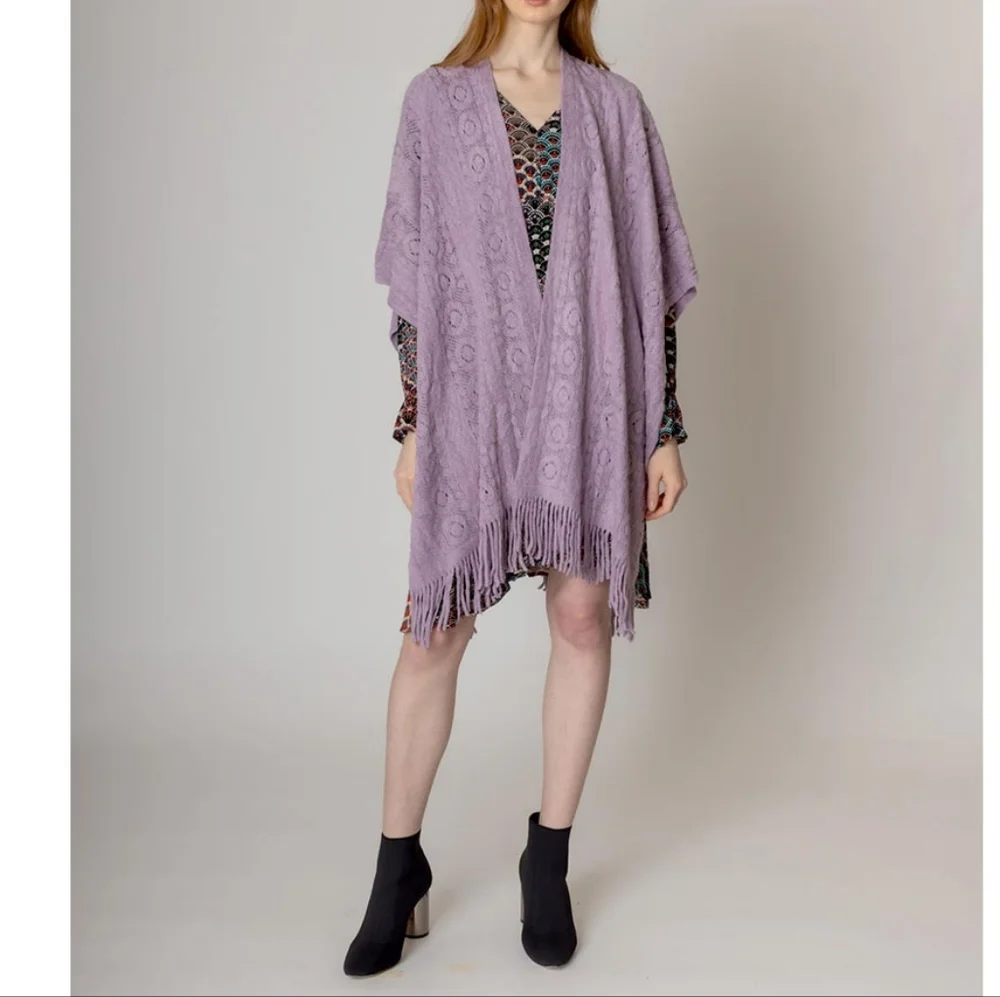 Lavender Crochet Shawl Fringe Poncho Scarf Sweater Open Front Cape Womens Wrap